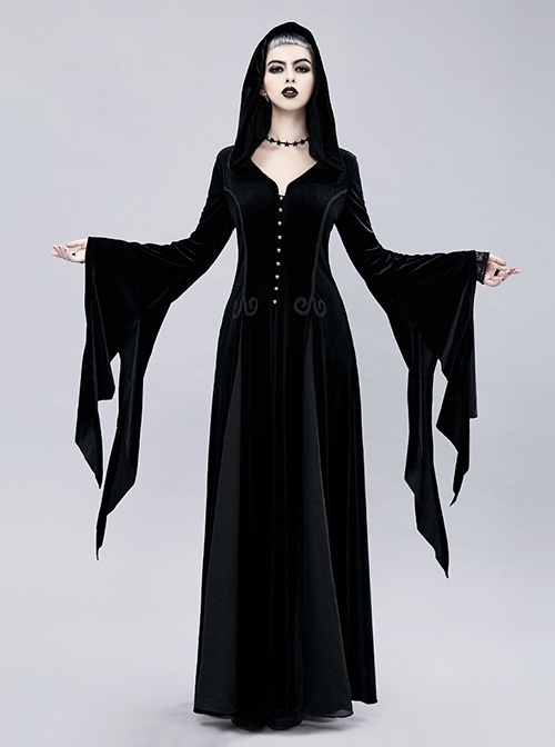 Black Stretch Hooded Dark Dolman Sleeves Gothic Ladies Dress