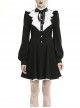 White Frills Collar Lace-Up Button Long Sleeves Black Gothic Dress