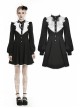 White Frills Collar Lace-Up Button Long Sleeves Black Gothic Dress