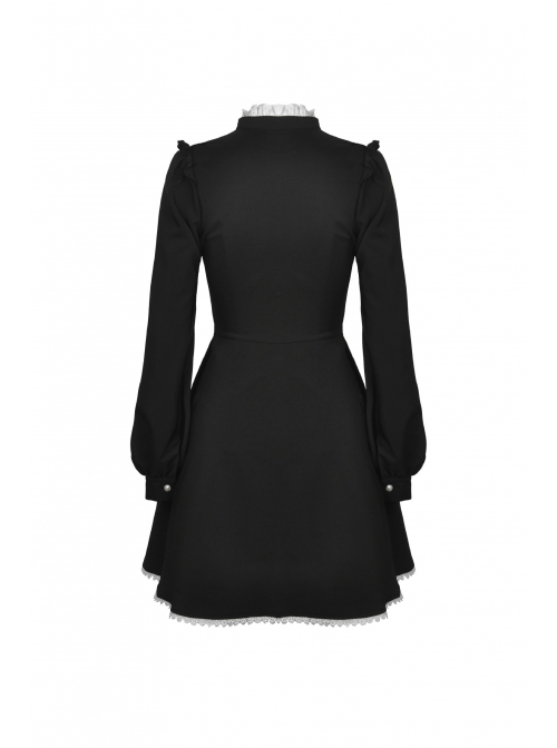 White Frills Collar Lace-Up Button Long Sleeves Black Gothic Dress