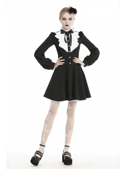 White Frills Collar Lace-Up Button Long Sleeves Black Gothic Dress