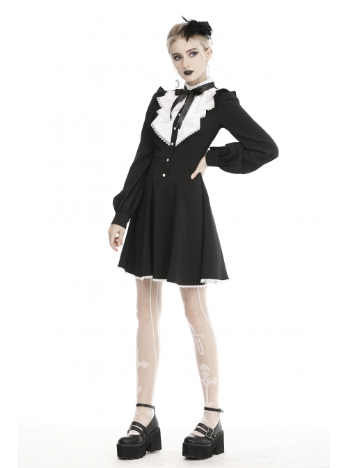 White Frills Collar Lace-Up Button Long Sleeves Black Gothic Dress