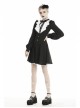 White Frills Collar Lace-Up Button Long Sleeves Black Gothic Dress
