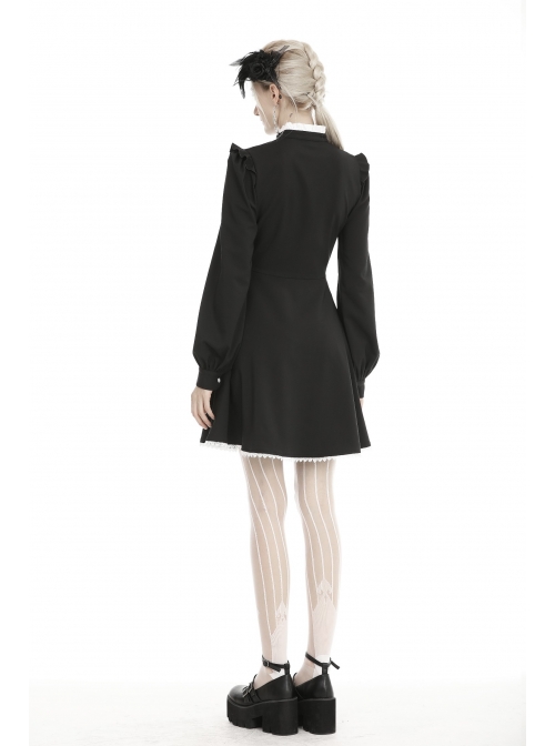 White Frills Collar Lace-Up Button Long Sleeves Black Gothic Dress