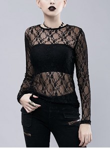 Black Cutout Sheer Lace Gothic Long Sleeve T-Shirt