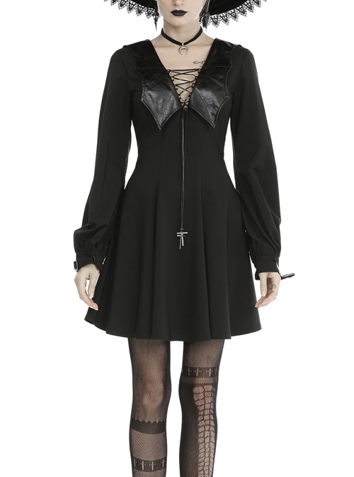Bat Collar Chest Lace-Up Cross Pendant Long Sleeve Black Halloween Gothic Dress