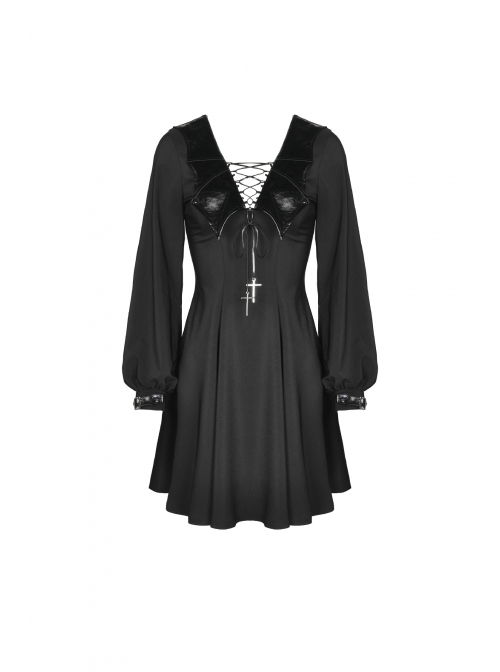 Bat Collar Chest Lace-Up Cross Pendant Long Sleeve Black Halloween Gothic Dress