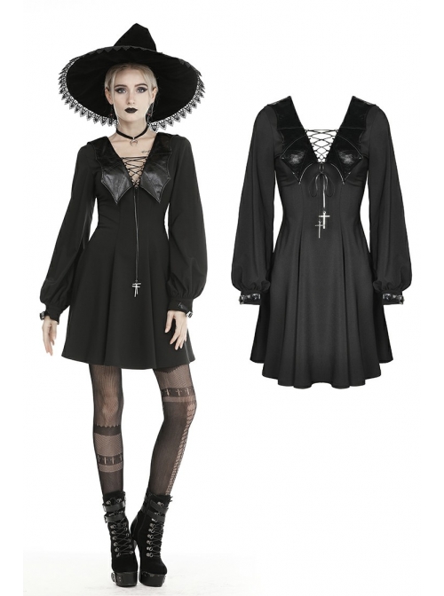 Bat Collar Chest Lace-Up Cross Pendant Long Sleeve Black Halloween Gothic Dress