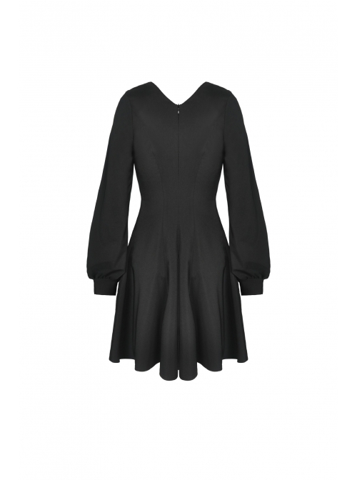 Bat Collar Chest Lace-Up Cross Pendant Long Sleeve Black Halloween Gothic Dress