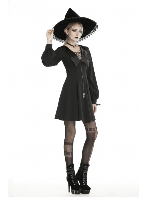 Bat Collar Chest Lace-Up Cross Pendant Long Sleeve Black Halloween Gothic Dress