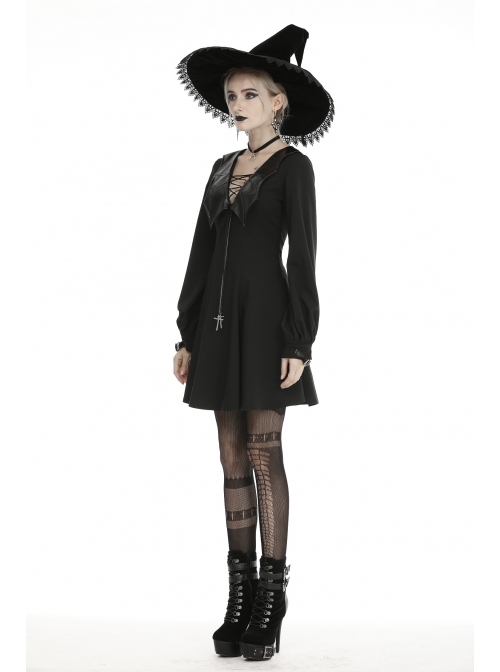 Bat Collar Chest Lace-Up Cross Pendant Long Sleeve Black Halloween Gothic Dress