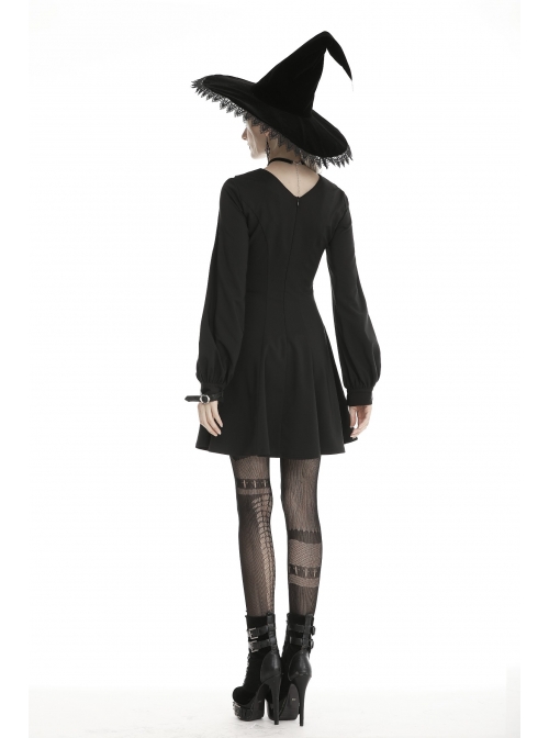 Bat Collar Chest Lace-Up Cross Pendant Long Sleeve Black Halloween Gothic Dress