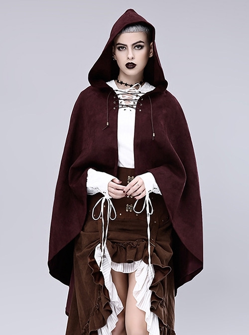 Red Faux Deerskin Hood And String Adjustable Punk Midi Cape