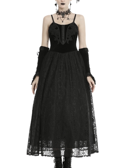 Black Chest Lace-Up High Waisted Gothic Sling Maxi Velvet Dress