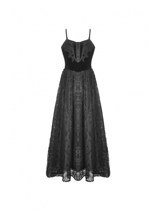 Black Chest Lace-Up High Waisted Gothic Sling Maxi Velvet Dress
