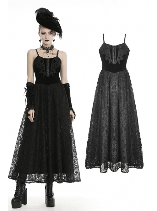 Black Chest Lace-Up High Waisted Gothic Sling Maxi Velvet Dress