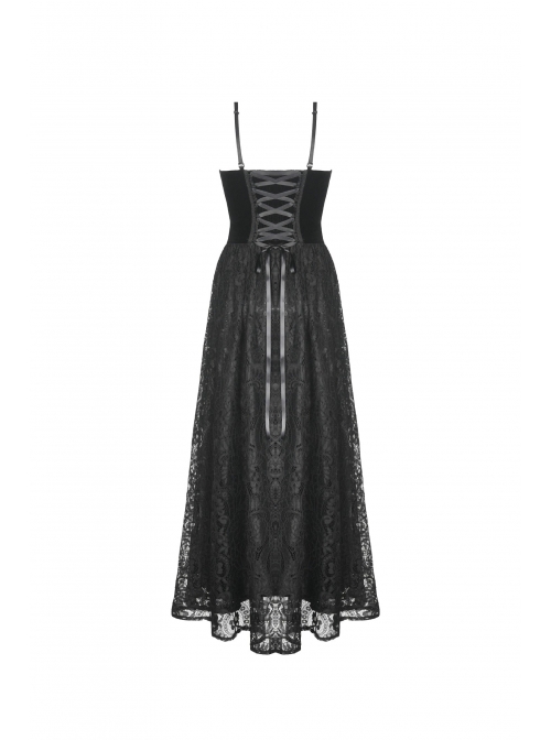 Black Chest Lace-Up High Waisted Gothic Sling Maxi Velvet Dress