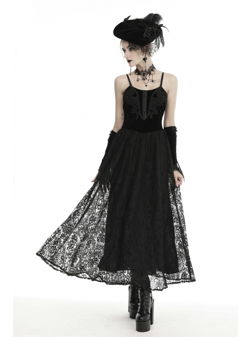 Black Chest Lace-Up High Waisted Gothic Sling Maxi Velvet Dress