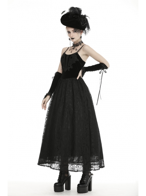 Black Chest Lace-Up High Waisted Gothic Sling Maxi Velvet Dress