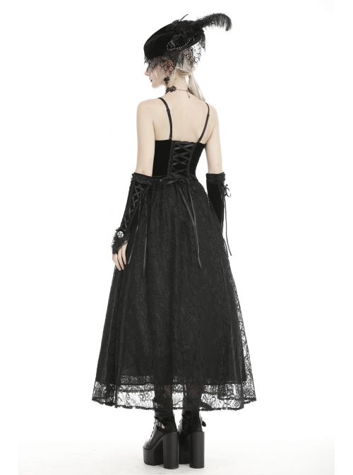 Black Chest Lace-Up High Waisted Gothic Sling Maxi Velvet Dress