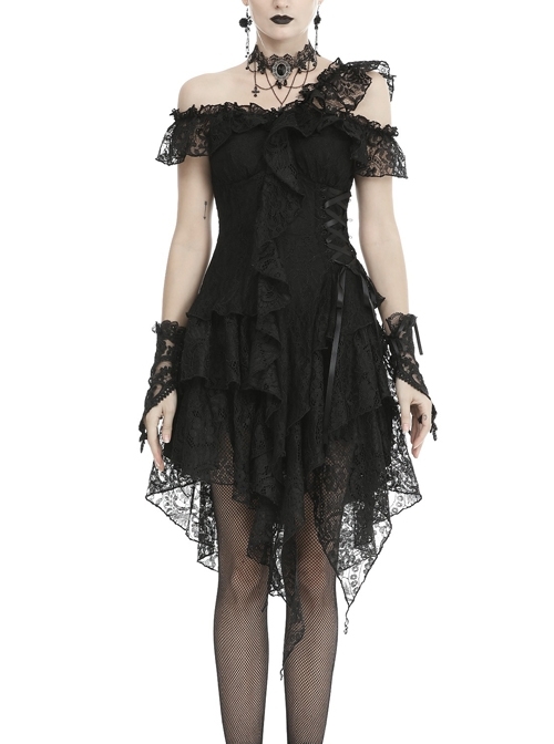 Lace Off-Shoulder Irreqular Frilly Side Waist Lace-Up Black Gothic Dress