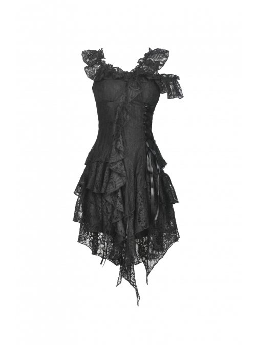 Lace Off-Shoulder Irreqular Frilly Side Waist Lace-Up Black Gothic Dress