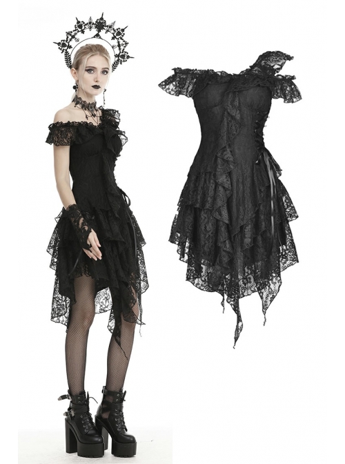 Lace Off-Shoulder Irreqular Frilly Side Waist Lace-Up Black Gothic Dress