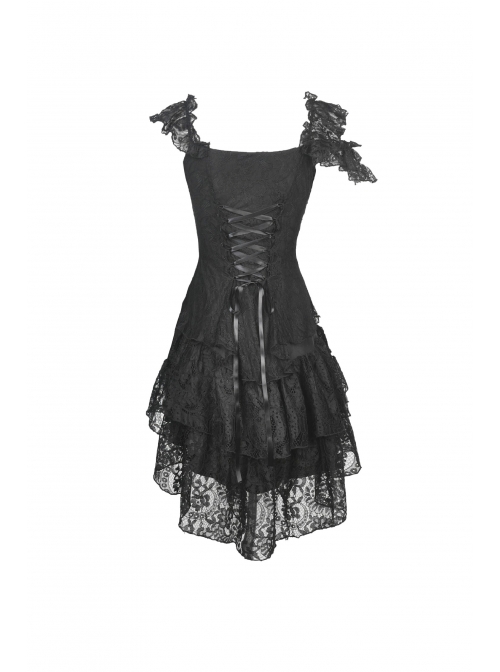 Lace Off-Shoulder Irreqular Frilly Side Waist Lace-Up Black Gothic Dress