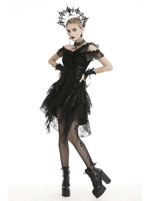 Lace Off-Shoulder Irreqular Frilly Side Waist Lace-Up Black Gothic Dress