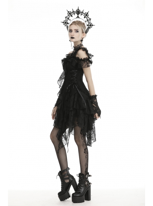 Lace Off-Shoulder Irreqular Frilly Side Waist Lace-Up Black Gothic Dress