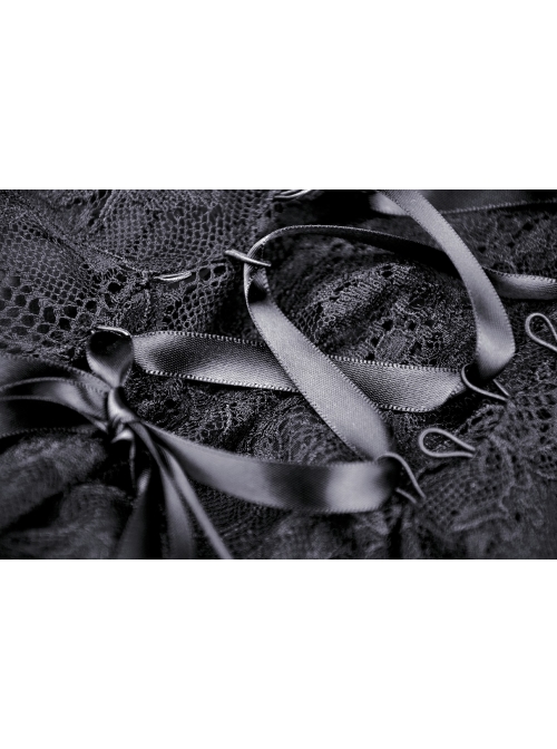 Lace Off-Shoulder Irreqular Frilly Side Waist Lace-Up Black Gothic Dress
