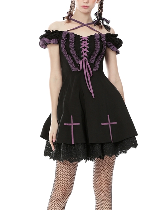 Lace Off-Shoulder Purple Frilly Lace-Up Cross Black Harajuku Gothic Dress