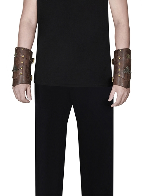 Adjustable Vintage Brown Faux Leather Metal Clouds With Punk Unisex Wrist Guard