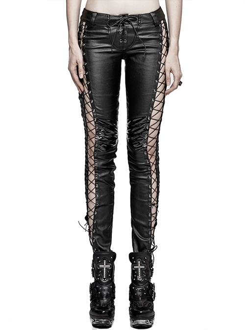 Steam Punk Female Black PU Leather Binding Skinny Pants