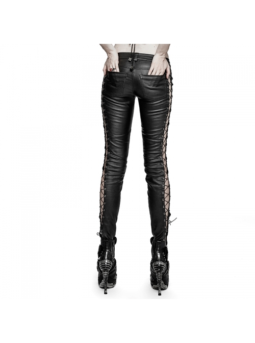 Steam Punk Female Black PU Leather Binding Skinny Pants