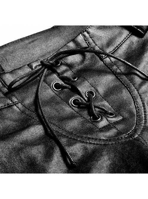 Steam Punk Female Black PU Leather Binding Skinny Pants