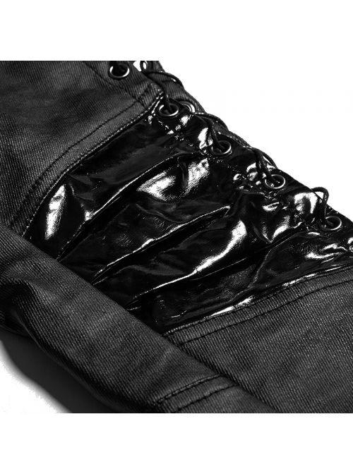 Steam Punk Female Black PU Leather Binding Skinny Pants
