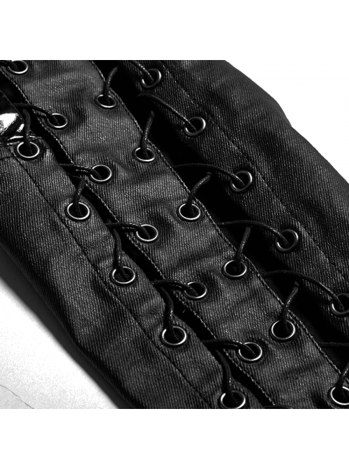 Steam Punk Female Black PU Leather Binding Skinny Pants