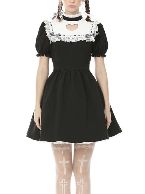 White Lace Frilly Square Collar Heart-Shaped Hollow Short Sleeves Black Gothic Dress