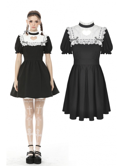 White Lace Frilly Square Collar Heart-Shaped Hollow Short Sleeves Black Gothic Dress