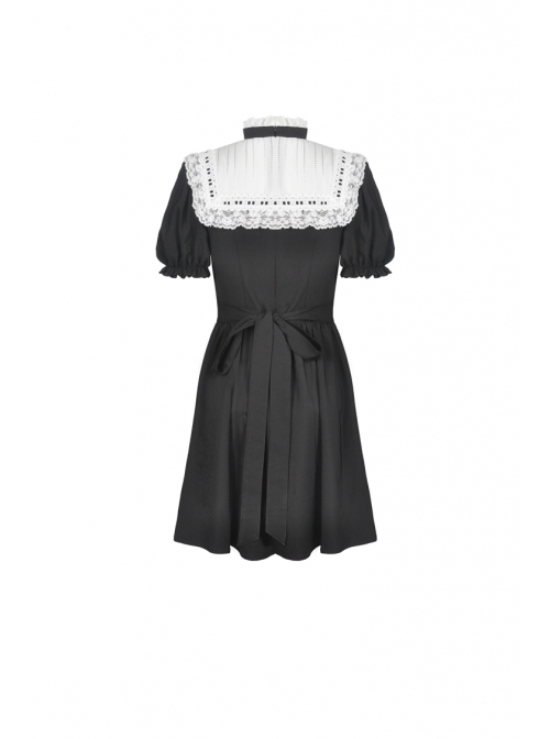 White Lace Frilly Square Collar Heart-Shaped Hollow Short Sleeves Black Gothic Dress