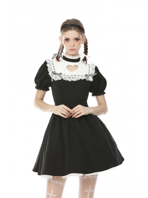White Lace Frilly Square Collar Heart-Shaped Hollow Short Sleeves Black Gothic Dress - Magic Wardrobes White Lace Frilly Square Collar Heart-Shaped Hollow Short Sleeves Black Gothic Dress - Magic Wardrobes