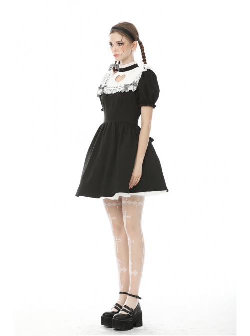 White Lace Frilly Square Collar Heart-Shaped Hollow Short Sleeves Black Gothic Dress