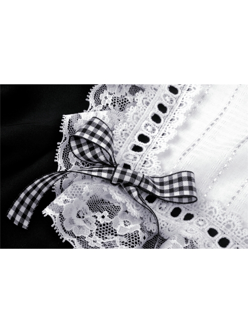 White Lace Frilly Square Collar Heart-Shaped Hollow Short Sleeves Black Gothic Dress