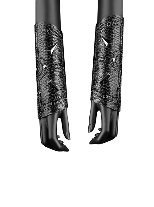 Medieval Black Retro PU Snake Print Tie Rope Punk Style Unisex Wrist Guard