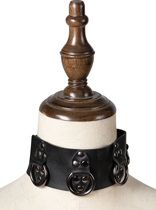 Black Adjustable PU Leather Metal Circle Punk Style Non-Mainstream Necklace