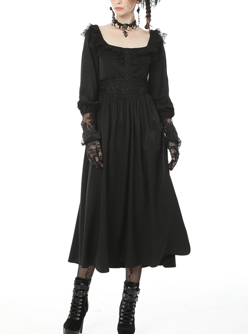 Black Lace Frilly Collar Button High Waisted Rose Embroidery Cuff Maxi Vintage Gothic Dress