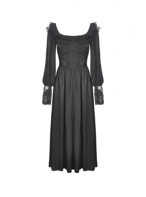 Black Lace Frilly Collar Button High Waisted Rose Embroidery Cuff Maxi Vintage Gothic Dress