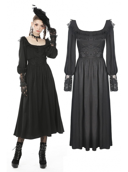 Black Lace Frilly Collar Button High Waisted Rose Embroidery Cuff Maxi Vintage Gothic Dress