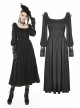 Black Lace Frilly Collar Button High Waisted Rose Embroidery Cuff Maxi Vintage Gothic Dress
